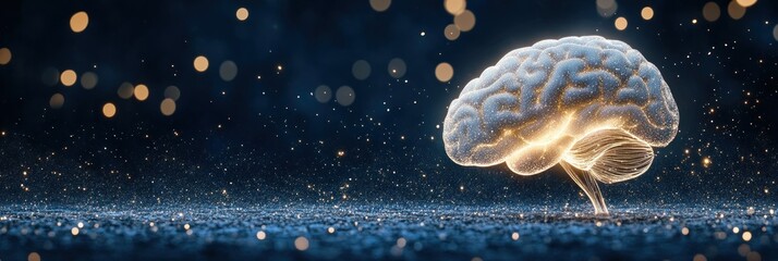 Poster - A glowing brain stands on a surface illuminated by sparkling particles in a dark environment