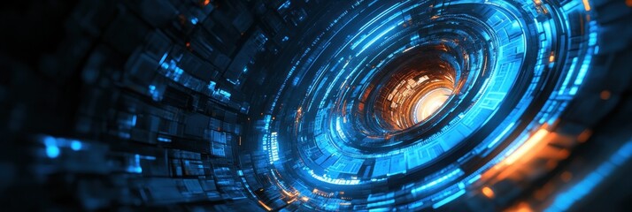 Fototapete - Futuristic tunnel with vivid blue and orange lights and a glowing core creates an immersive vibe