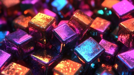 Poster - Brightly colored metallic cubes in shades of purple, orange, and blue cluster together, reflecting light
