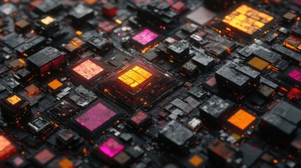 Poster - Intricate layout of vibrant microchips showcasing a blend of colors and textures in a dynamic pattern