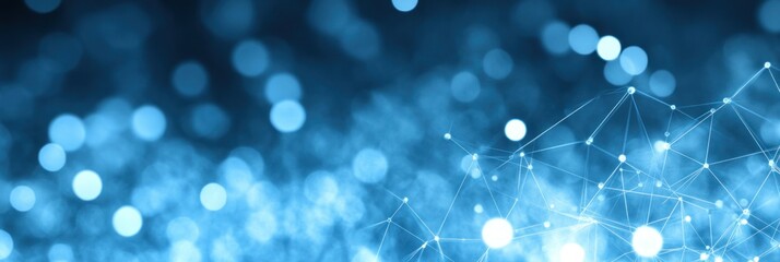 Fototapete - Glowing particles and interconnected lines create an abstract blue background that seems dynamic