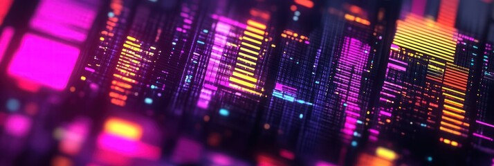 Poster - Bright neon colors illuminate the city skyline at night with stunning abstract patterns