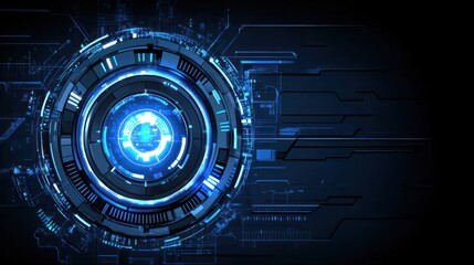 Fototapete - Glowing blue circular patterns interact with complex circuitry on a dark digital interface display