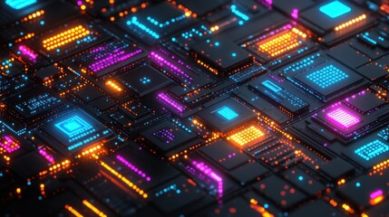 Poster - A colorful layout of circuit pathways illuminated by blue, orange, and pink lights is showcased