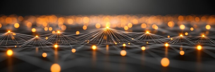 Poster - Glowing lights connected by thin threads sparkle against a dark background, creating a digital aesthetic