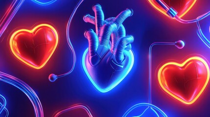 Poster - Glowing heart patterns with medical elements abstract design digital art sleek environment minimal view
