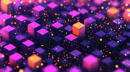 Fototapete - Colorful cubes form a dynamic abstract pattern illuminated by glowing particles in a dark setting