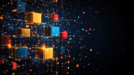 Poster - Colorful cubes emit light as they float through a dark digital space filled with vibrant connections