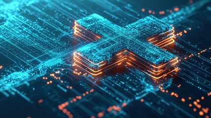 Poster - Dynamic abstract medical cross with glowing circuits and technical fingers in a -tech environment