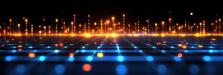 Poster - Glowing particles illuminate a dark background, creating a vibrant night time light display with a grid