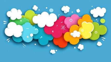 Poster - Whimsical and vibrant colored clouds float across a bright blue background, enhancing a cheerful vibe