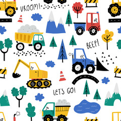 Seamless vector pattern with cute cars - Truck, tractor, cargo crane, bulldozer, excavator. Drawing for children's textiles with cars and vehicles for boys. Kids car background. Scandinavian style