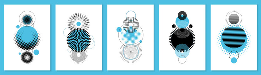 Aufkleber - Graphic design elements. Posters collection. Abstract geometric shape, modern wall art or gradient frame, 3d circular pattern. Blue and black monochrome digital backdrop. Vector background