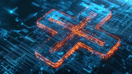 Poster - Dynamic abstract glowing circuits forming medical cross futuristic technology digital art creative environment -tech viewpoint