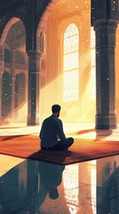 Wall Mural - Meditative Reflection in Serene Mosque Interior with Sunlight Streaming Through Ornate Windows