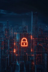 Poster - cybersecurity concept with digital lock symbol over futuristic cityscape, representing data protecti