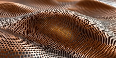 Poster - Abstract copper mesh texture with wavy patterns and intricate perforations, showcasing depth and light reflections