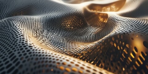 Poster - Abstract metallic mesh texture with golden highlights, showcasing intricate perforations and flowing patterns, creating a dynamic visual effect
