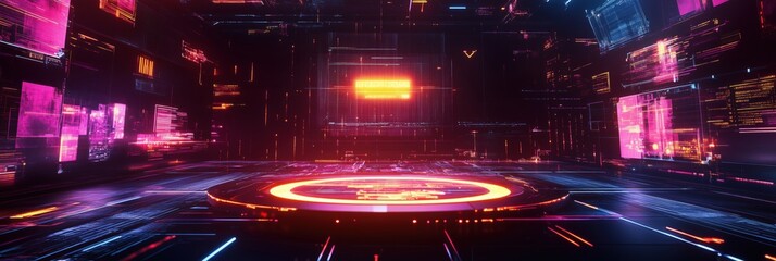 Poster - Futuristic digital environment with neon lights, glowing circular platform, and vibrant holographic displays