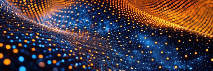 Poster - Abstract digital landscape with glowing blue and orange particles creating a wave-like structure, representing data flow and connectivity