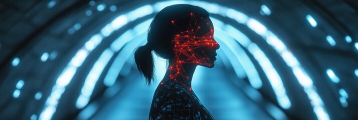 Poster - Futuristic silhouette of a woman with glowing red neural network design, set against a blue illuminated tunnel background