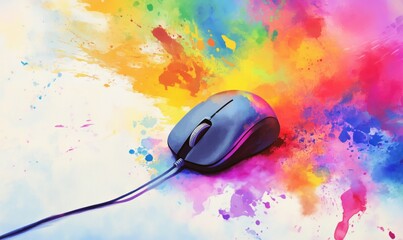 Poster - Colorful artistic representation of computer mouse surrounded by vibrant splashes of paint, showcasing creativity and technology