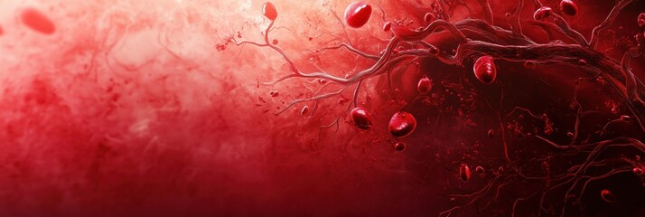Poster - Blood vessels and red blood cells in abstract representation, showcasing intricate details of blood flow and circulation, vivid red tones and organic shapes