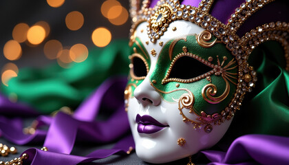 Stunning Mardi Gras mask richly decorated with vibrant colors and intricate layers, embodying the celebratory essence of the carnival.