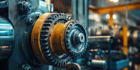 Poster - Industrial machinery gear mechanism showcasing intricate design and engineering precision in a manufacturing environment