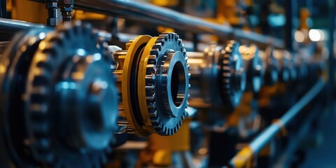 Poster - Industrial machinery gears and components in a factory setting showcasing precision engineering and manufacturing processes
