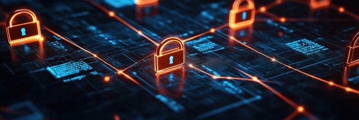 Poster - Digital security network with glowing padlocks representing data protection and cybersecurity measures in a futuristic technology landscape