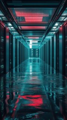 Poster - Futuristic data center corridor with reflective water surface, illuminated by red and blue lights, showcasing advanced technology and modern architecture