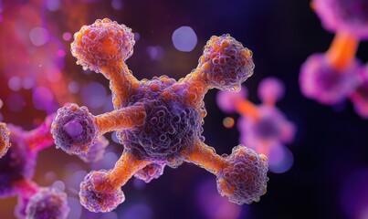 Poster - Colorful molecular structure with vibrant purple and orange hues, showcasing intricate details of molecular biology and cellular structures