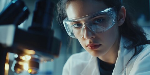 Poster - Focused female scientist examining samples under microscope in laboratory, wearing protective eyewear and lab coat, showcasing dedication to research and innovation