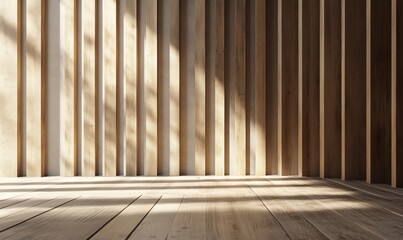 Wall Mural - Wooden interior with vertical slats and natural light creating shadows on the floor