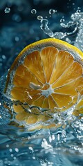 Poster - Fresh lemon slice splashing in crystal clear water with dynamic water drops and motion capture, perfect for beverage advertising and healthy lifestyle concepts.