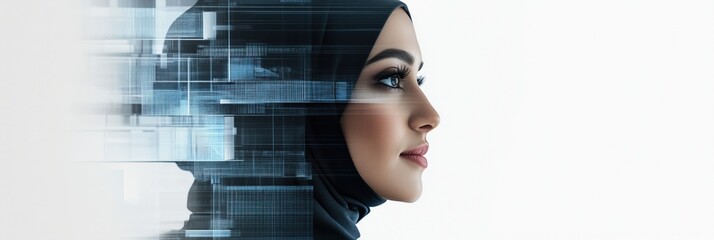 Poster - Modern Muslim Woman Profile with Digital Overlay Representing Technology and Innovation