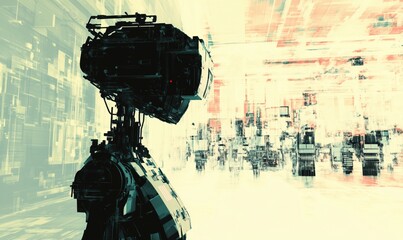 Poster - Futuristic robot silhouette in abstract digital environment, showcasing advanced technology and artificial intelligence concepts