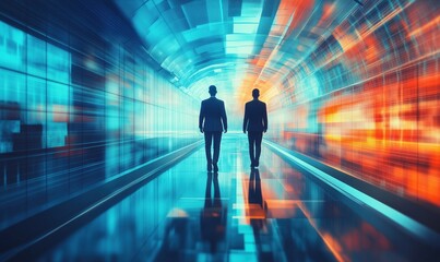 Poster - Silhouetted figures walking through futuristic tunnel with vibrant blue and orange light patterns, representing technology and innovation