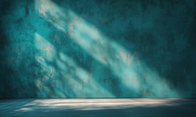 Poster - Textured turquoise wall with dramatic light shadows creating a serene atmosphere in an empty space