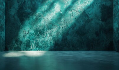 Poster - Textured teal wall with dramatic lighting creating shadows and reflections on the floor in an empty room