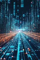 Poster - Futuristic digital cityscape with glowing data streams and skyscrapers, showcasing advanced technology and urban development