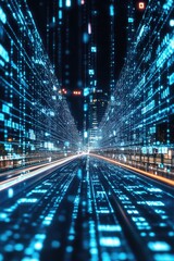 Poster - Futuristic digital cityscape with glowing blue data streams and light trails, showcasing advanced technology and urban architecture