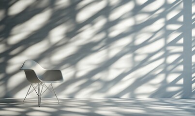 Poster - Minimalist chair casting intricate shadows on wall, showcasing modern design and light interplay in contemporary interior space