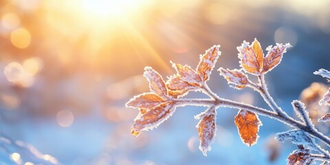 Poster - Frost-covered leaves illuminated by sunrise, showcasing winter beauty and nature's resilience