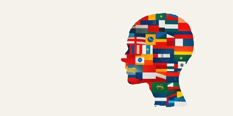 Poster - Silhouette of human head filled with various national flags representing global diversity and multiculturalism