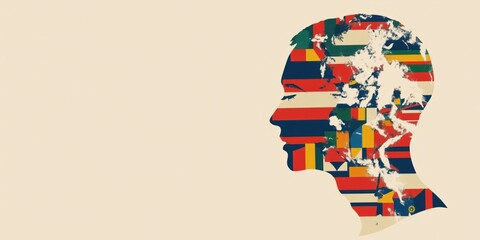 Poster - Silhouette of Human Head Filled with Flags Representing Global Diversity and Unity