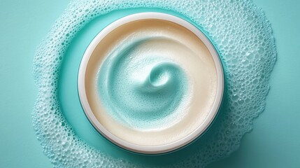 Poster - Creamy Foam in Round Container on Aqua Background for Skincare