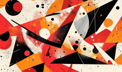 Poster - Abstract geometric composition featuring bold colors and dynamic shapes, including triangles, circles, and splashes in red, black, orange, and white