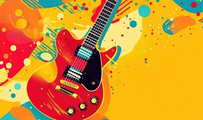 Poster - Electric guitar illustration with vibrant colors and abstract shapes, showcasing a red guitar against a bright yellow background with splashes and patterns